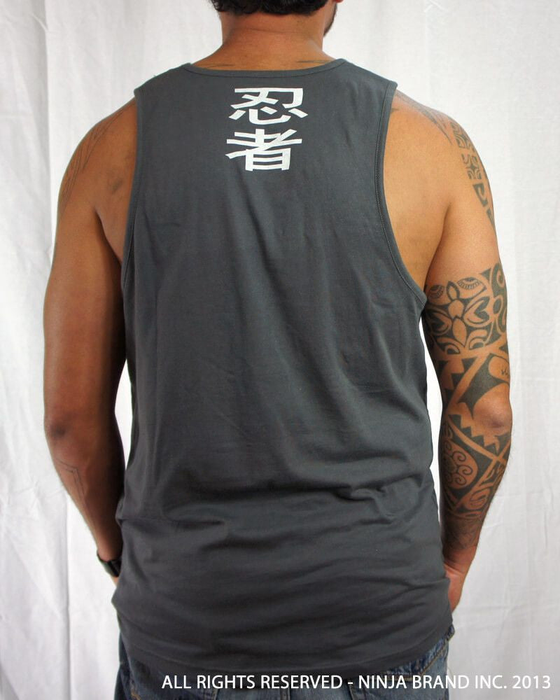 Men's Ninja Brand Inc Logo Tank Top with NBI Logo on front and NINJA Kanji on back - Heavy Metal Gray - Back View