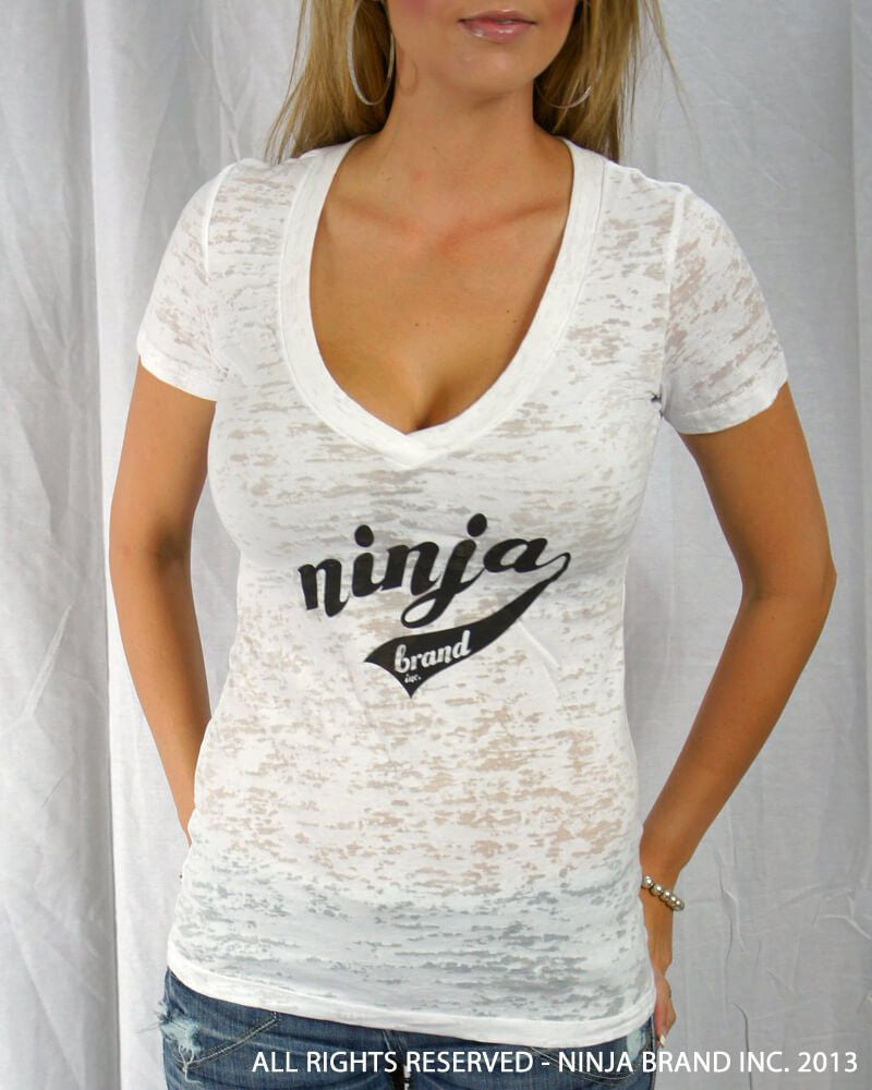 Women's NBI Logo Burnout Deep V-Neck T-Shirt - White with Black - Front View