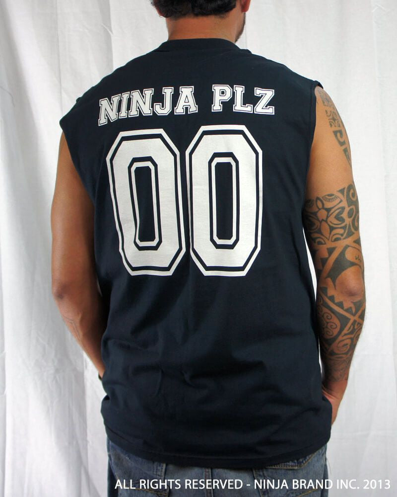 Men's Ninja Brand Inc Sleeveless Shirt Jersey - Ninja Brand Inc Logo on front with Double Zero and NINJA PLZ on back - Black - Back View