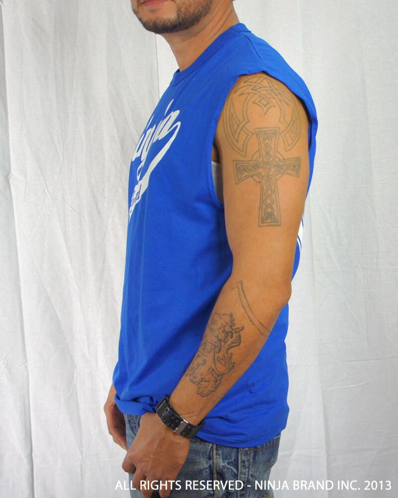 Men's Ninja Brand Inc Sleeveless Shirt Jersey - Ninja Brand Inc Logo on front with Double Zero and NINJA PLZ on back - Royal Blue - Side View