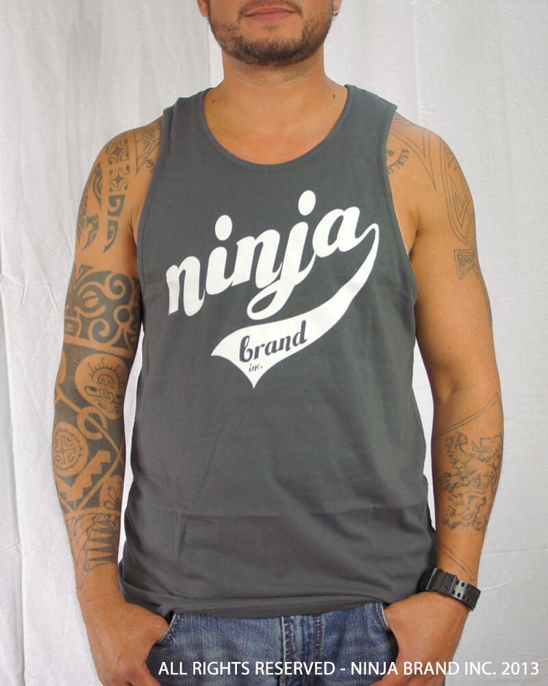 Men's Ninja Brand Inc Logo Tank Top with NBI Logo on front and NINJA Kanji on back - Heavy Metal Gray - Front View