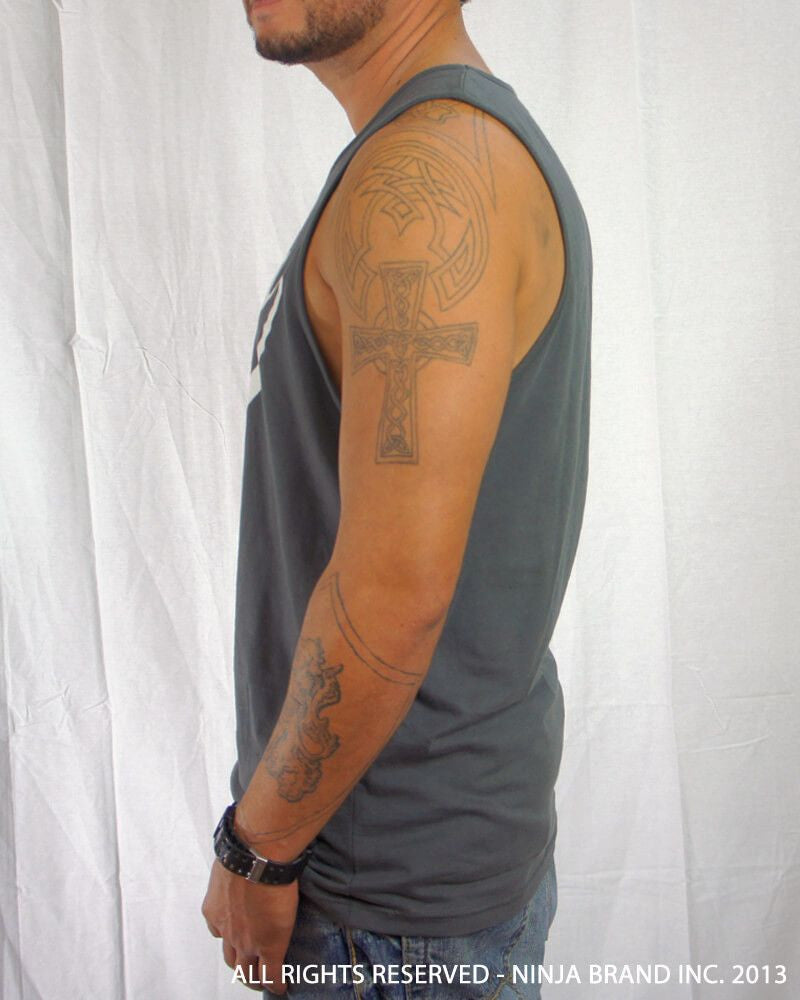 Men's Ninja Brand Inc Logo Tank Top with NBI Logo on front and NINJA Kanji on back - Heavy Metal Gray - Side View