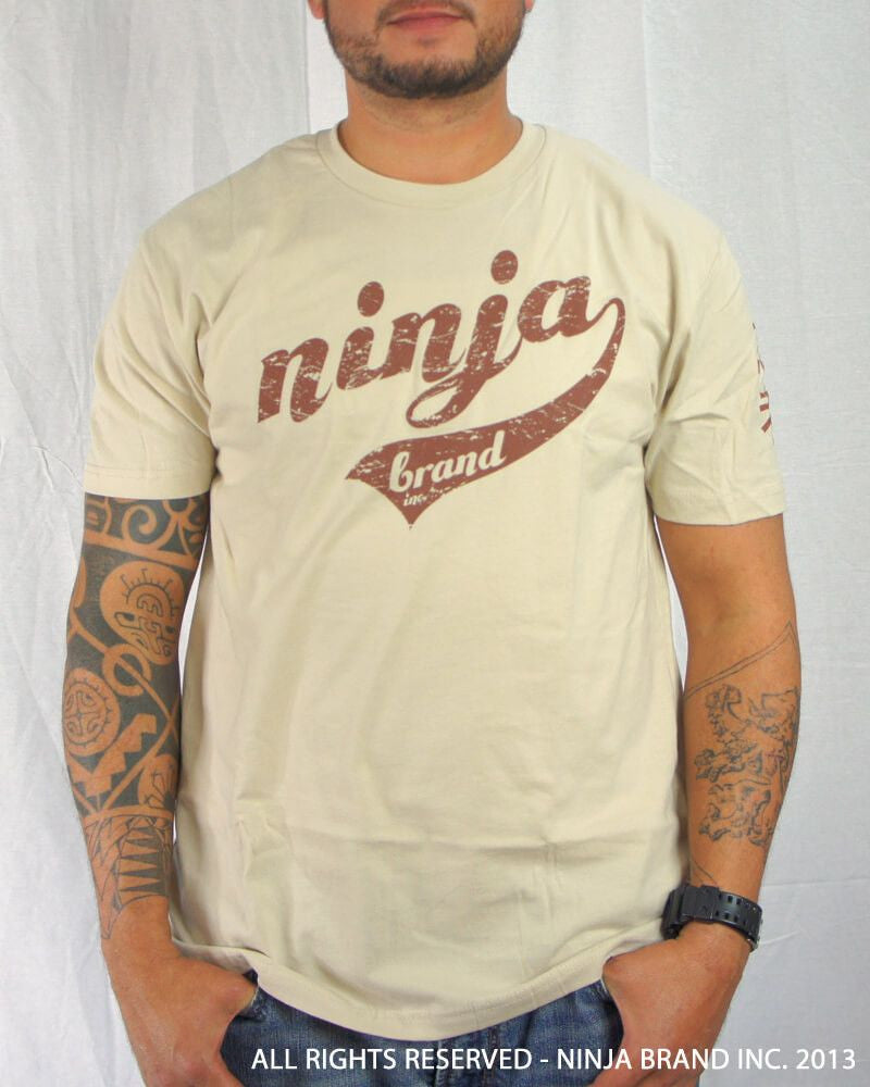Men's Ninja Brand Inc Vintage Fitted T-Shirt - Tan with Brown Ink - Front View