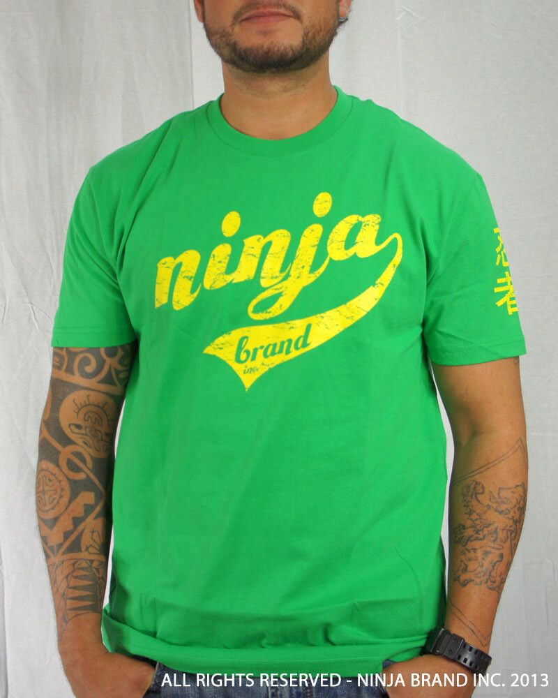 Men's Ninja Brand Inc Vintage Fitted T-Shirt - Kelly Green with Yellow Ink - Front View