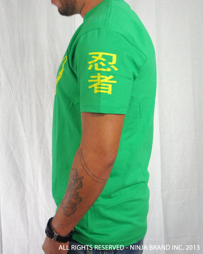 Men's Ninja Brand Inc Vintage Fitted T-Shirt - Kelly Green with Yellow Ink - Side View
