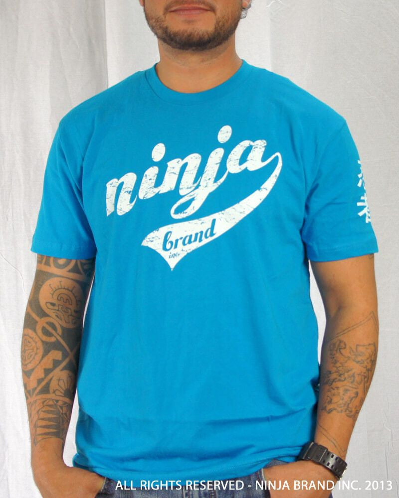 Men's Ninja Brand Inc Vintage Fitted T-Shirt - Light Blue with White Ink - Front View