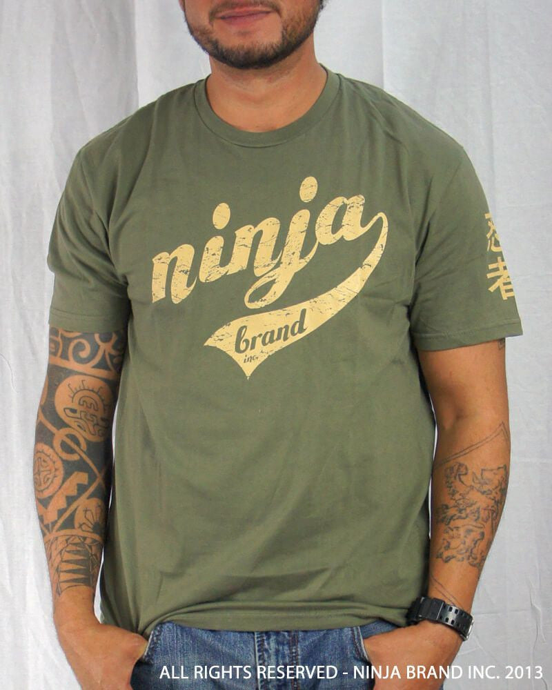 Men's Ninja Brand Inc Vintage Fitted T-Shirt - Olive Drab Green with Tan Ink - Front View