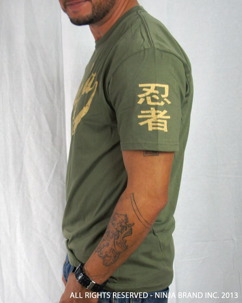 Men's Ninja Brand Inc Vintage Fitted T-Shirt - Olive Drab Green with Tan Ink - Side View