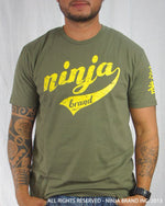 Men's Ninja Brand Inc Vintage Fitted T-Shirt - Olive Drab Green with Yellow Ink - Front View