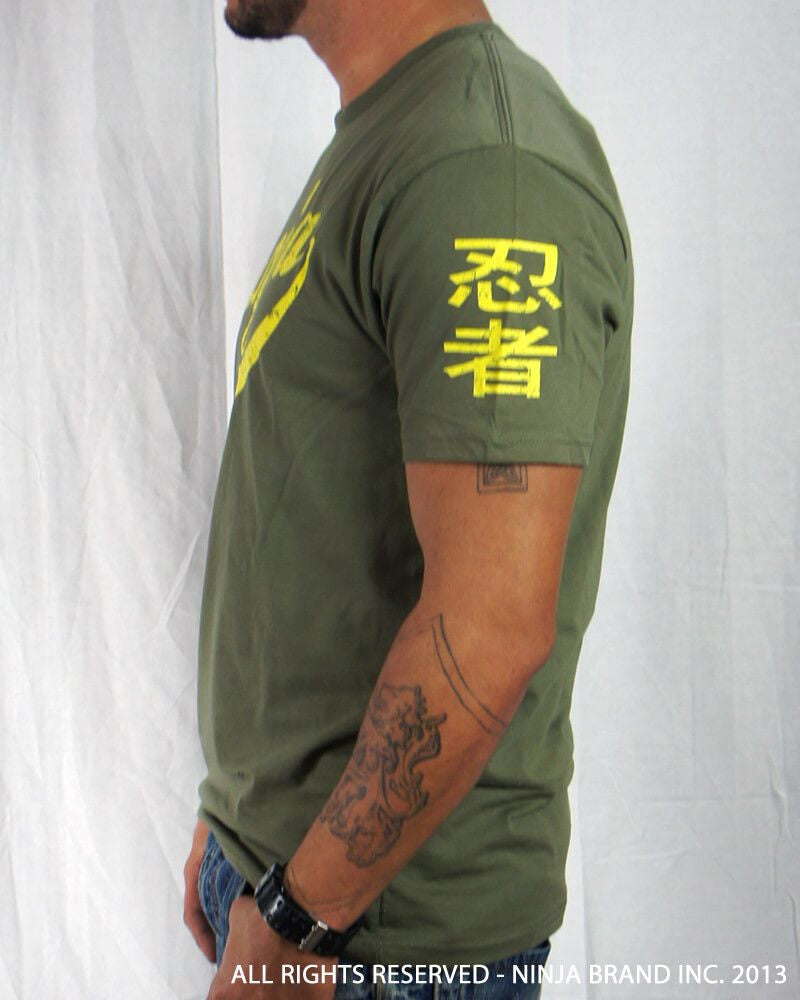 Men's Ninja Brand Inc Vintage Fitted T-Shirt - Olive Drab Green with Yellow Ink - Side View