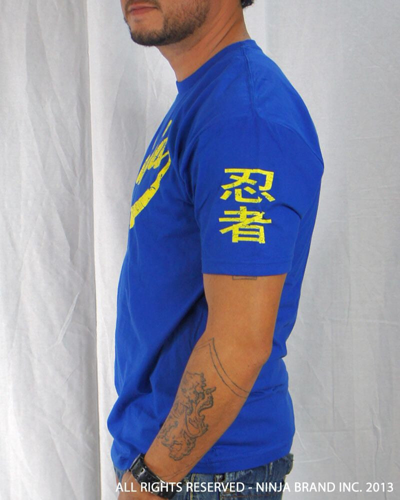 Men's Ninja Brand Inc Vintage Fitted T-Shirt - Royal Blue with Yellow Ink - Side View