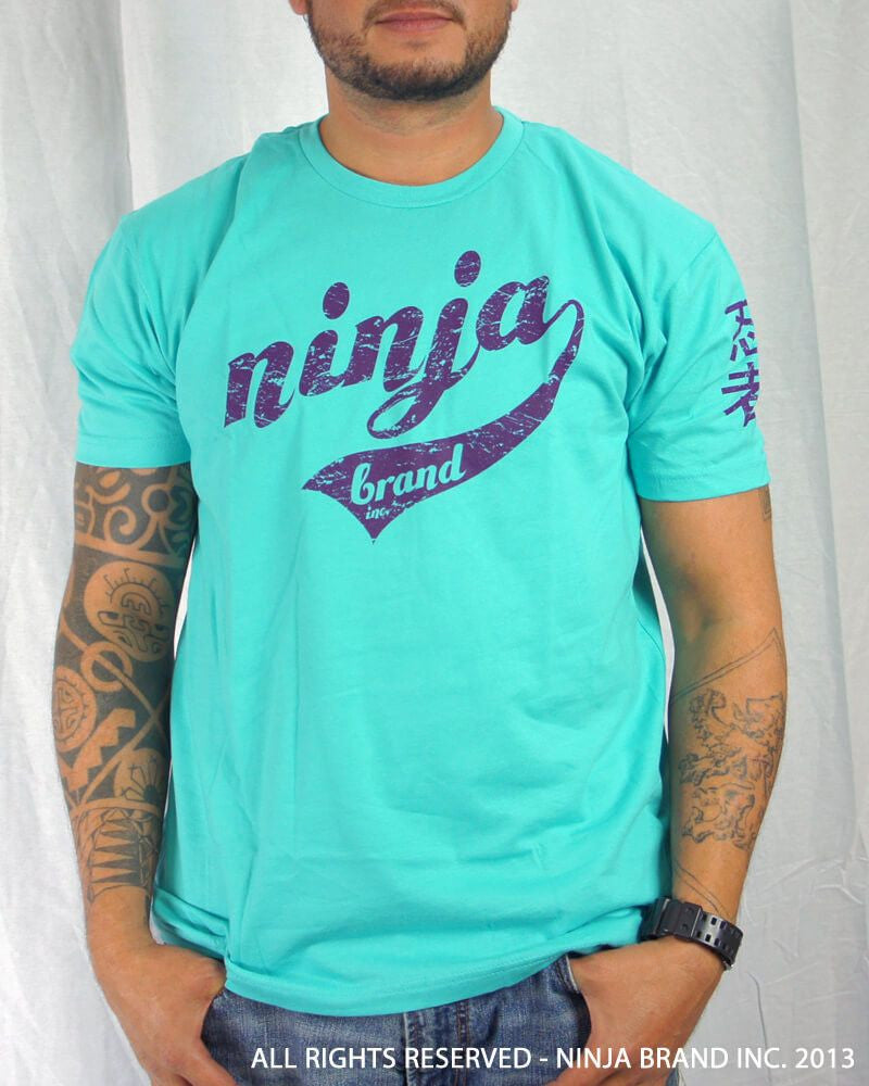 Men's Ninja Brand Inc Vintage Fitted T-Shirt - Light Blue with White Ink - Front ViewMen's Ninja Brand Inc Vintage Fitted T-Shirt - Aqua with Purple Ink - Front View