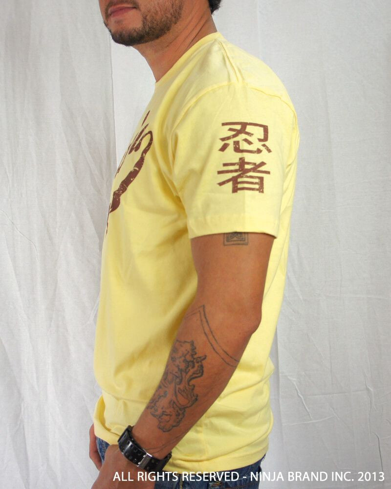 Men's Ninja Brand Inc Vintage Fitted T-Shirt - Yellow with Brown Ink - Side View