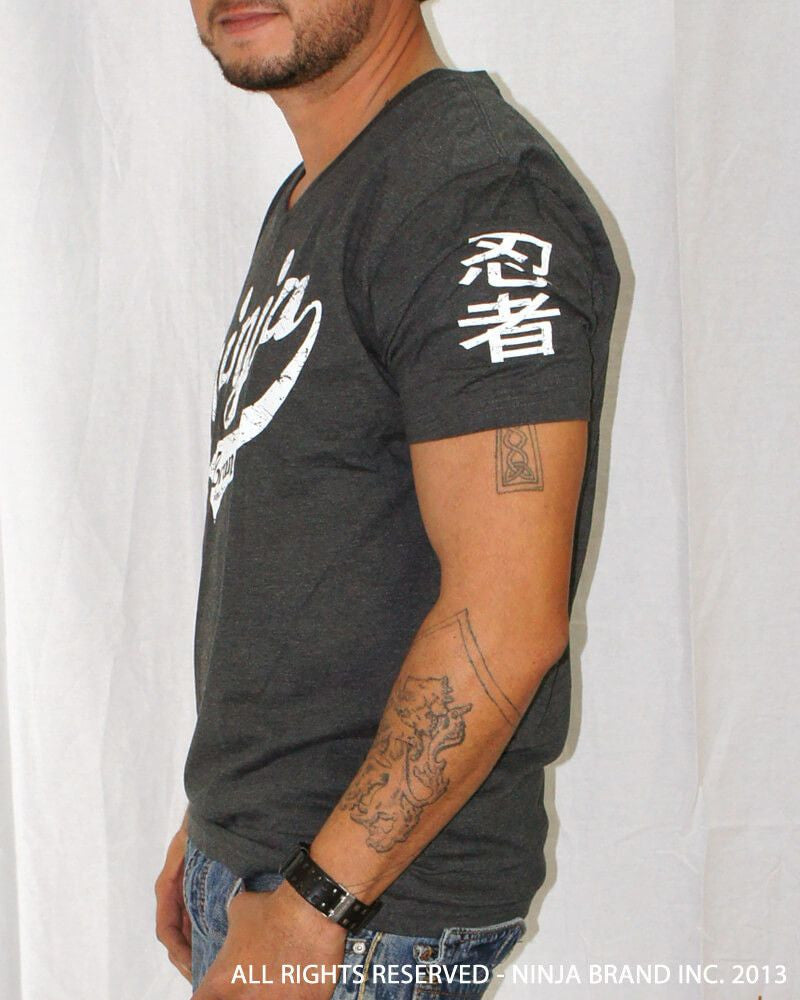 Men's Ninja Brand Inc Vintage V-Neck T-Shirt - Charcoal Grey - Side View