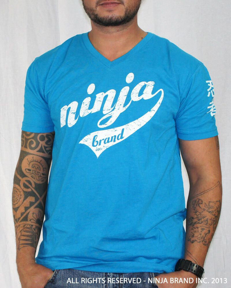 Men's Ninja Brand Inc Vintage V-Neck T-Shirt - Light Blue - Front View