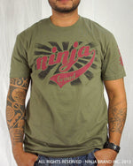 Men's Ninja Brand Inc "Ninja Rising" T-Shirt - Olive Drab Green shirt with Black rays - Front View
