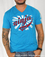 Men's Ninja Brand Inc "Ninja Rising" V-Neck T-Shirt Light Blue with White Rays - Front View