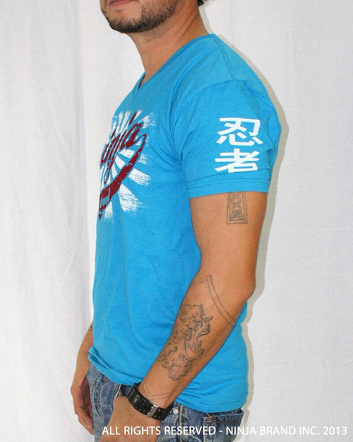 Men's Ninja Brand Inc "Ninja Rising" V-Neck T-Shirt Light Blue with White Rays - Side View