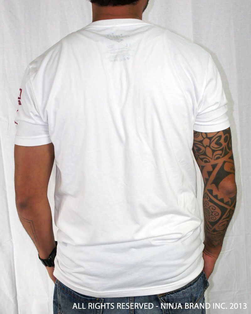 Men's Ninja Brand Inc "Ninja Rising" V-Neck T-Shirt White with Black Rays - Back View