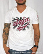Men's Ninja Brand Inc "Ninja Rising" V-Neck T-Shirt White with Black Rays - Front View