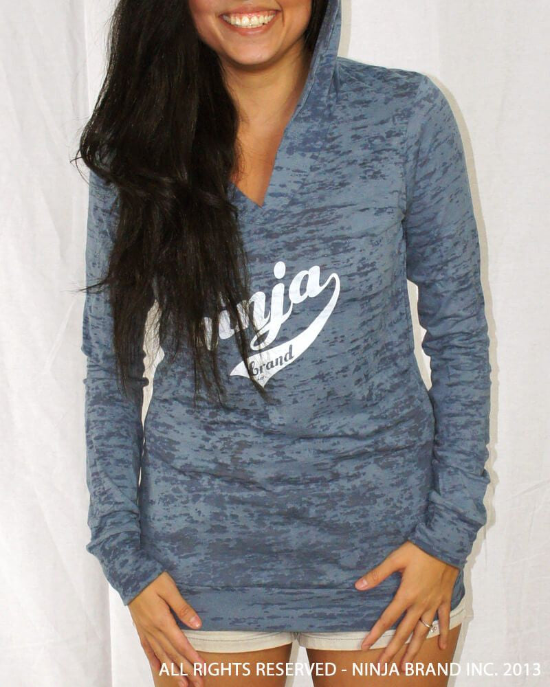 Women's NBI Logo Burnout Hoodie - Slate Blue Burnout with White - Front View