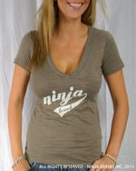 Women's NBI Logo Burnout Deep V-Neck T-Shirt - Earth - White - Front View