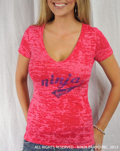 Women's NBI Logo Burnout Deep V-Neck T-Shirt - Hot Pink-Purple - Front View