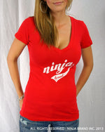 Women's Ninja Brand Inc Deep V-Neck Fitted T-Shirt - Red - Front View