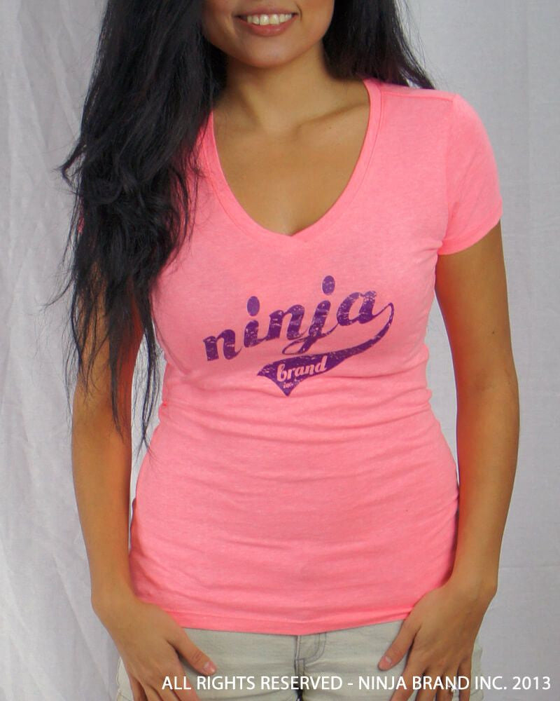 Women's Vintage NBI Sporty V-Neck - Neon Pink with Purple - Front View